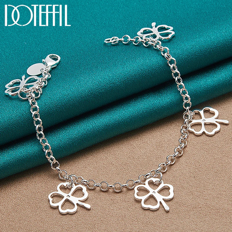 925 Silver Clover Flowers Pendant Bracelet Chain Wedding Engagement Charm