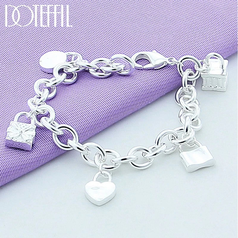 925 Silver Five Round Square Lock Bracelet Women Charm Wedding Jewelry