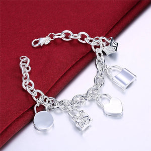 925 Silver Five Round Square Lock Bracelet Women Charm Wedding Jewelry