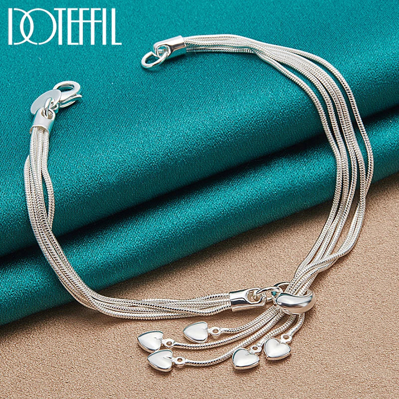 925 Silver Hearts Snake Chain Bracelet Wedding Jewelry