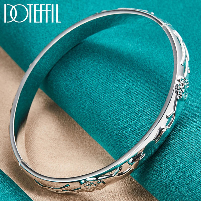 925 Silver Rose Cuff Bangle Bracelet Women Wedding Engagement Jewelry