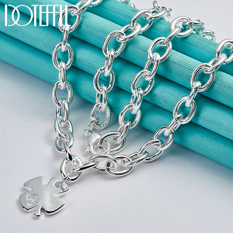 925 Silver 4 Leaves Clover Pendant Necklace 18" Chain Women Wedding Jewelry