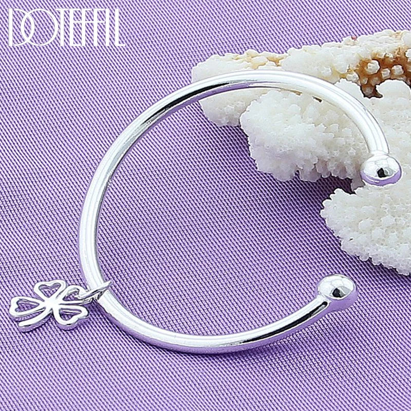 925 Silver Four-leaf Clover Cuff Bangle Bracelet Wedding Engagement Charm