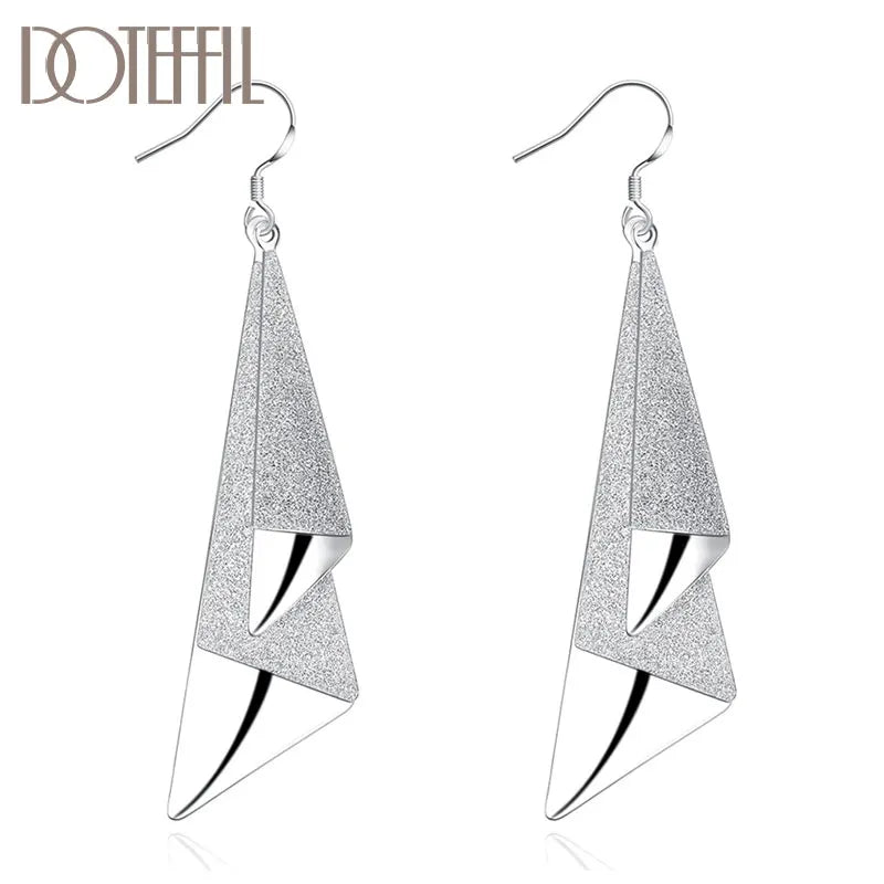 925 Silver Frosted Geometric Drop Earrings Women Jewelry