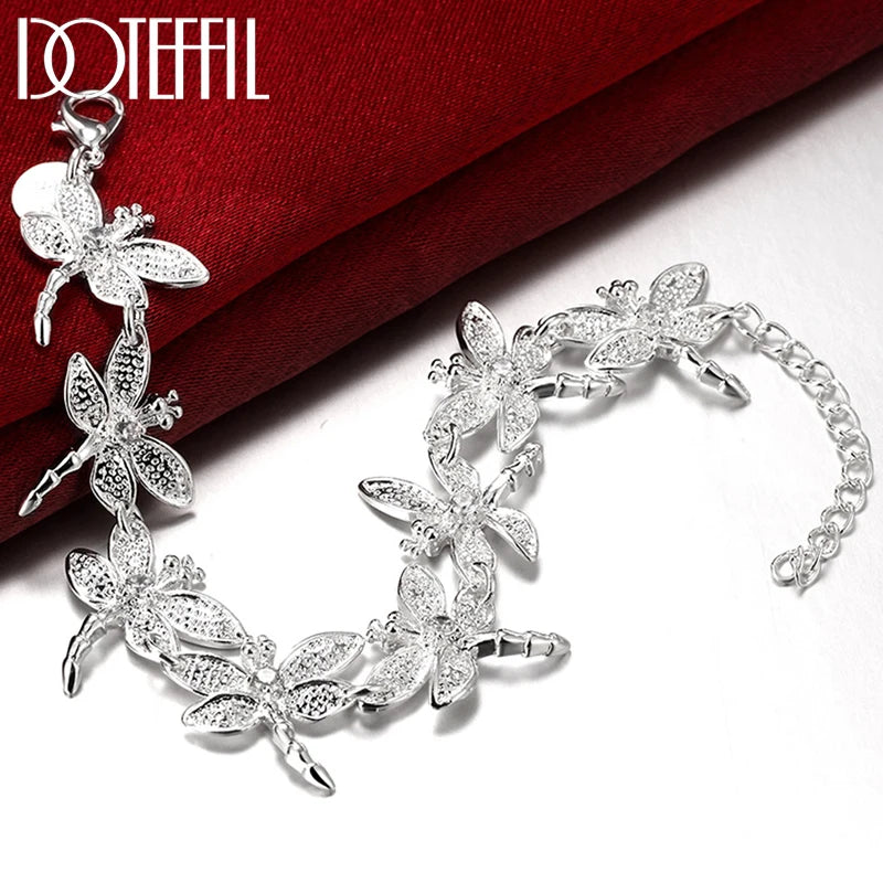925 Sterling Silver Dragonfly Chain Bracelet Woman Charm Wedding