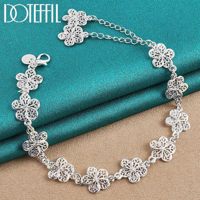 925 Silver Full Flower Bracelet Chain Women Wedding Engagement