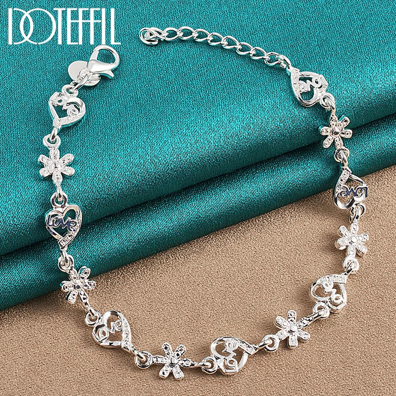925 Silver Full Heart Love Flower Chain Bracelet Women Wedding