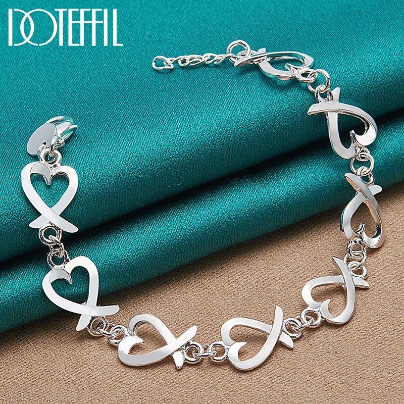 925 Silver Heart Chain Bracelet Women's Wedding Party Charm Jewelry
