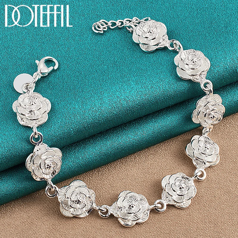 925 Silver Rose Flower Chain Bracelet Wedding Jewelry