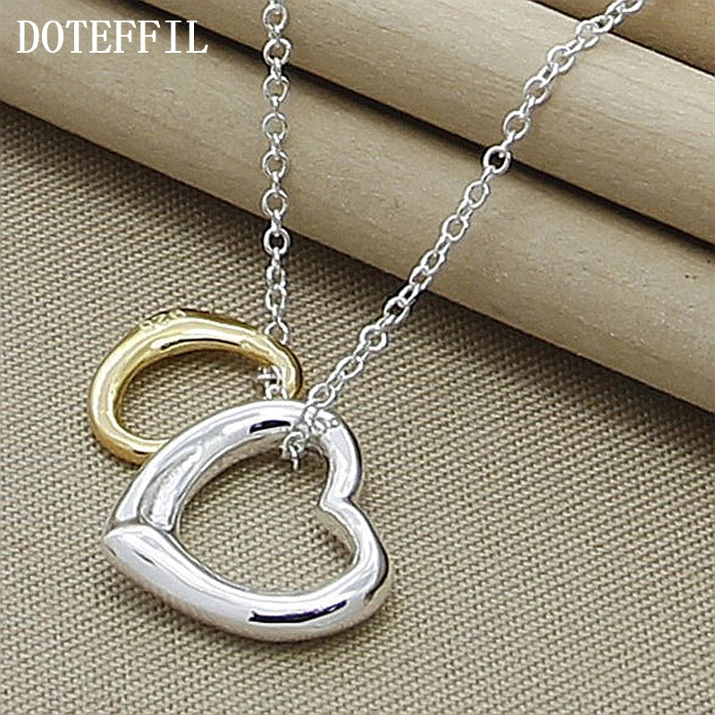 925 Silver Double Heart Pendant Necklace 18 Inch Chain Wedding Engagement Charm