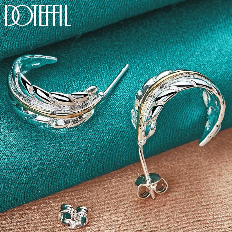 925 Silver Feather Stud Earrings Woman Wedding Jewelry