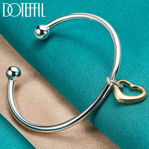 925 Silver Heart Cuff Bangle Bracelet Wedding Charm Jewelry