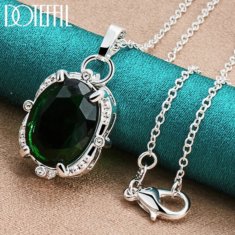 925 Silver Green Zircon Pendant Necklace 16-30 Inch Chain