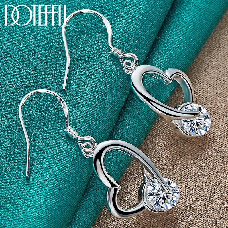 925 Silver Heart Zircon Drop Earrings Wedding Gift
