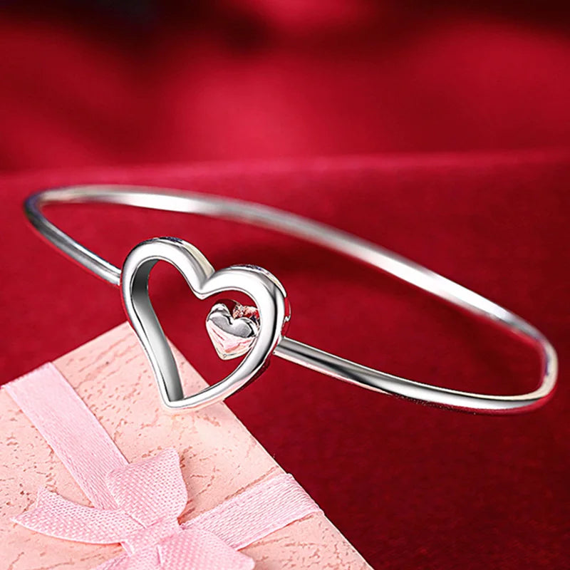 925 Silver Heart Bangle Bracelet Woman Wedding Engagement Charm Party