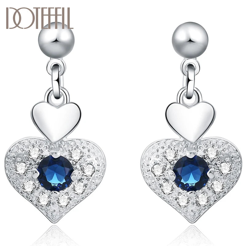 925 Silver Heart Zircon Drop Earrings Wedding Party Jewelry