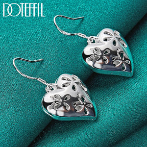 925 Silver Heart Flower Drop Earrings Wedding Jewelry