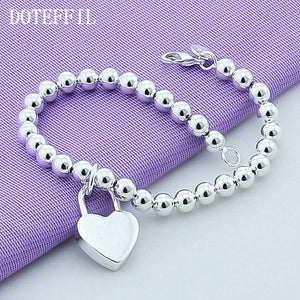 925 Silver Heart Lock Chain Bracelet 6mm Beads, Women's Jewelry