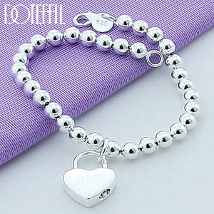 925 Silver Heart Lock Chain Bracelet 6mm Beads, Women's Jewelry