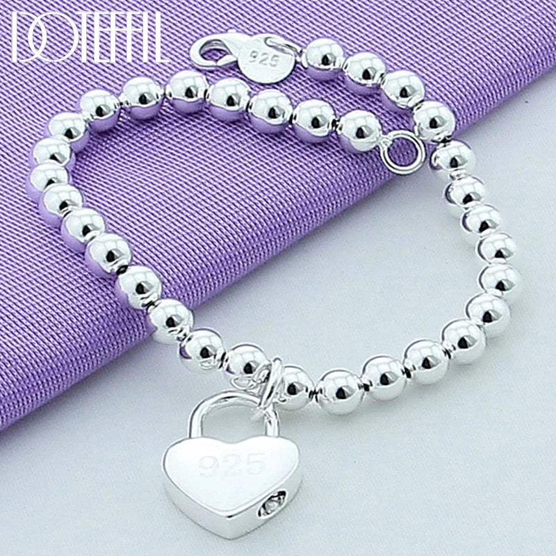 925 Silver Heart Lock Chain Bracelet 6mm Beads, Women's Jewelry
