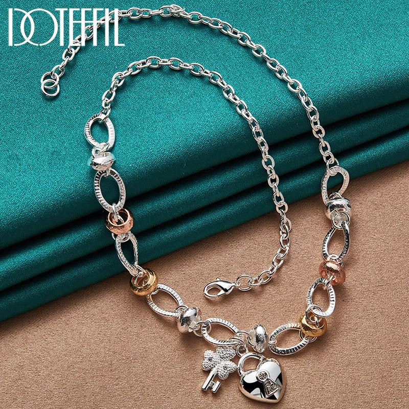 925 Silver Heart Lock Key Pendant Necklace Wedding Charm