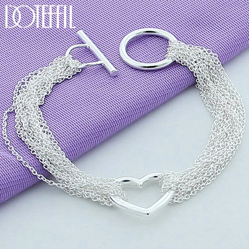 925 Silver Heart Multi-Line Chain Bracelet Wedding Engagement Jewelry
