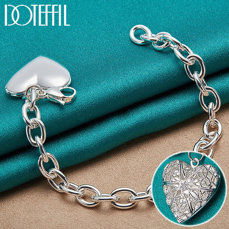925 Silver Heart Photo Frame Pendant Bracelet Wedding Jewelry