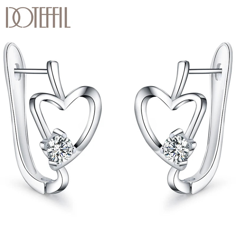 925 Silver Heart Zircon Earrings Women Lady Gift Wedding Jewelry