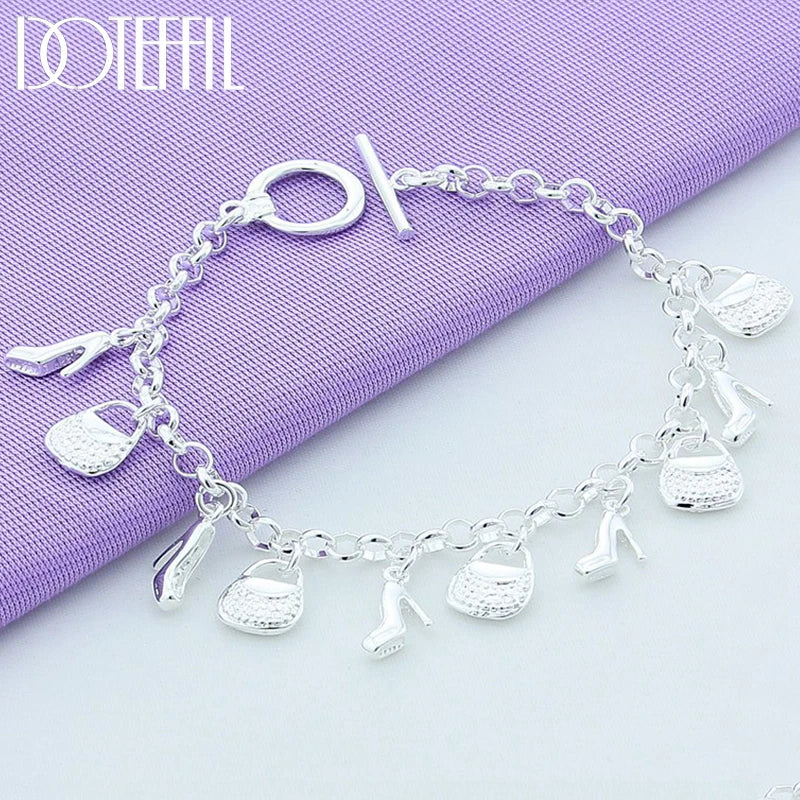 925 Silver High Heels Bag Pendant Bracelets Women Charm Jewelry