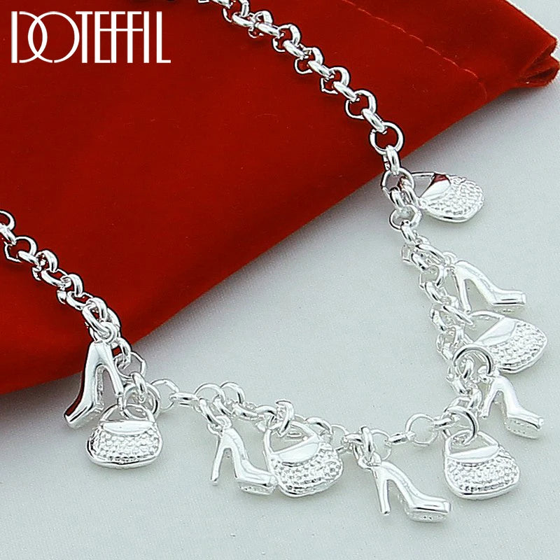 925 Silver High-heeled Shoes Bag Pendant Necklace for Woman