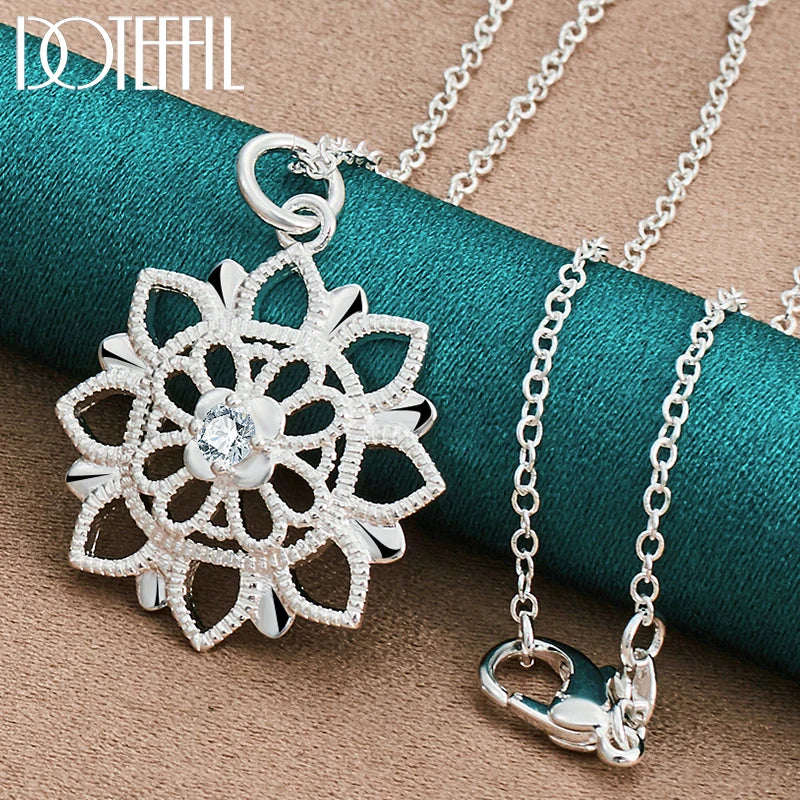 925 Silver Hollow Carved Zircon Pendant Necklace 18-30 Inch Chain Women Wedding