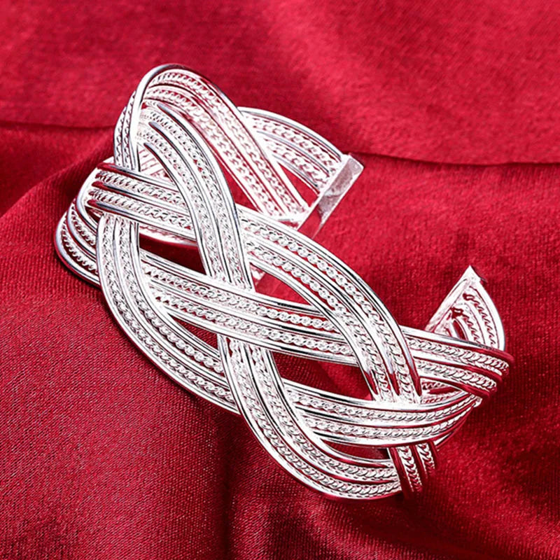 925 Silver Web Opening Bangle Bracelet Women Charm Party Jewelry