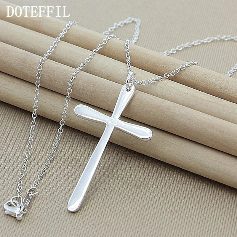 925 Silver Long Cross Pendant Necklace 18 Inch Chain Wedding Charm Jewelry