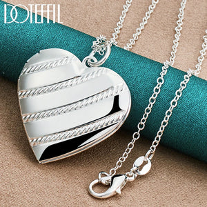 925 Silver Love Heart Photo Frame Necklace Snake Chain 16-18 Inch