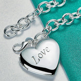 925 Silver Heart Frame Pendant Bracelet Chain Wedding Jewelry