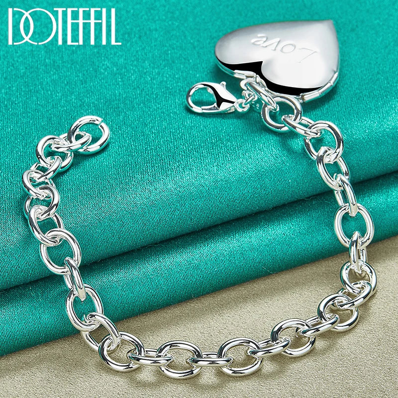 925 Silver Heart Frame Pendant Bracelet Chain Wedding Jewelry