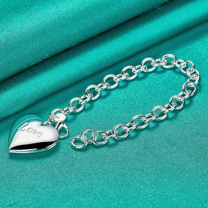 925 Silver Heart Frame Pendant Bracelet Chain Wedding Jewelry