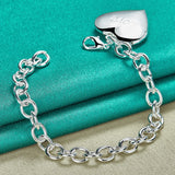 925 Silver Heart Frame Pendant Bracelet Chain Wedding Jewelry
