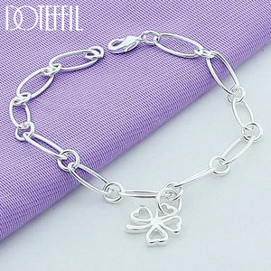 925 Silver Lucky Clover Flowers Pendant Bracelet Women Wedding Jewelry