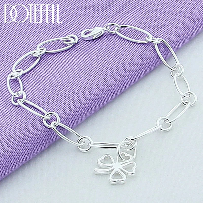 925 Silver Lucky Clover Flowers Pendant Bracelet Women Wedding Jewelry