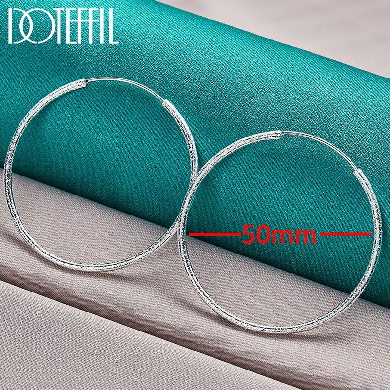 925 Silver Matte Round Circle 50/60mm Hoop Earring Wedding Party Jewelry