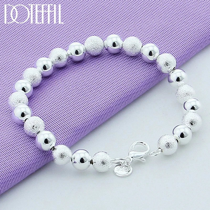 925 Silver Matte Smooth Ball 8mm Bead Chain Bracelet Women Charm Wedding Jewelry