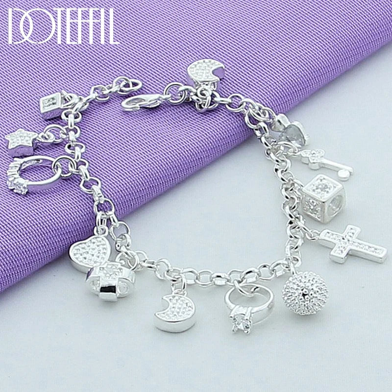 925 Silver Moon Heart Lock Cross Bracelet Men Woman Wedding Jewelry