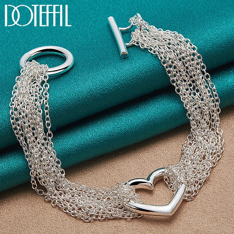 925 Sterling Silver Multi-Line Chain Heart Bracelet