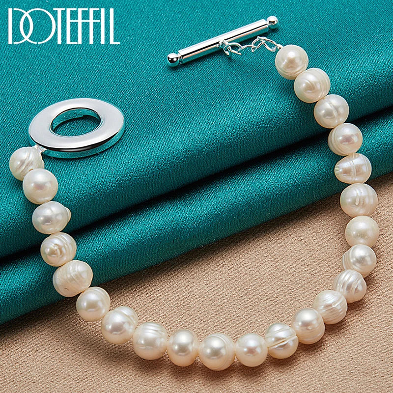 925 Silver Freshwater Pearl Bracelet Women Wedding Engagement Party Jewelry
