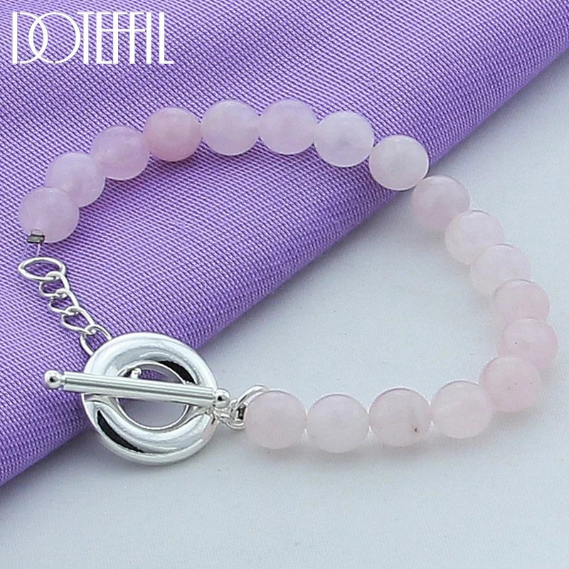 925 Silver Pink Agate Bracelet Charm Wedding Jewelry