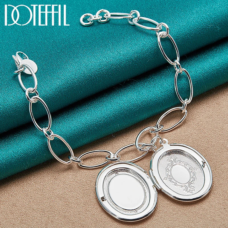 925 Sterling Silver Oval Photo Frame Pendant Bracelet Chain Charm
