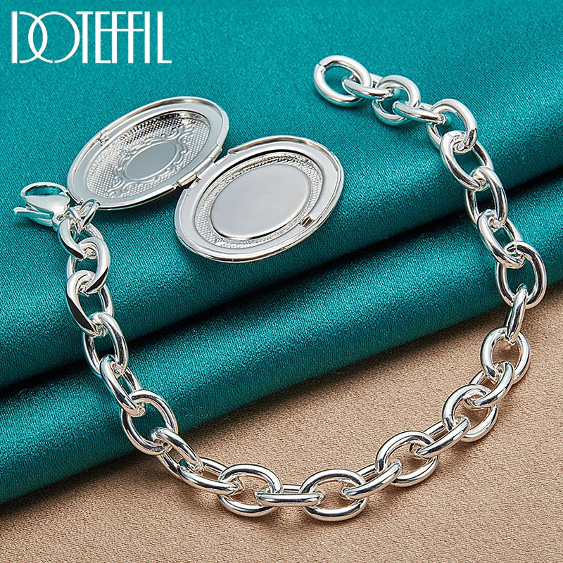 925 Silver Oval Photo Frame Chain Bracelet for Wedding Engagement