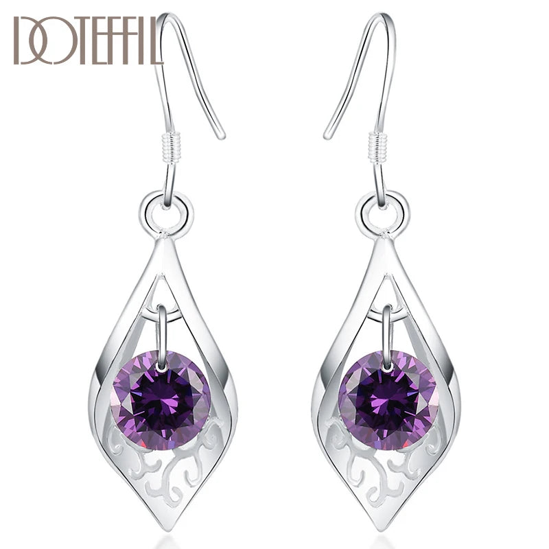 925 Silver Purple Zircon Drop Earrings Women Gift Wedding Party Jewelry