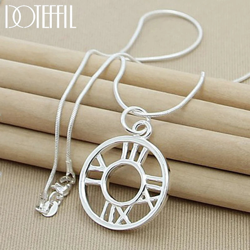 925 Silver Roman Numerals Circle Pendant Necklace Snake Chain